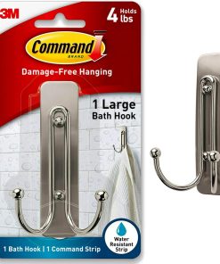 Command Large Double Bathroom Wall Hook. Damage-Free Hanging with Adhesive Strip. Great for Hanging Bath Towels. 1 Satin Nickel Wall Hook and 1 Water-Resistant Strip. Holds up to 4 lb
